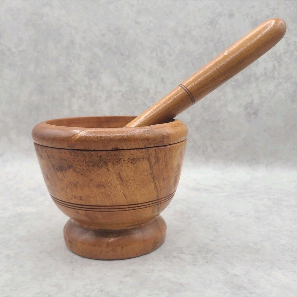 Wooden Hand Turned Mortar and Pestle Set Herb Spice Mixing Grinder Crusher